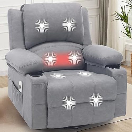 Faux Leather Swivel Rocker Recliner with Heat and Massage Cup Holders, Overstuffed Rocking Glider Chair Heated Massaging Reclining Chair,Grey