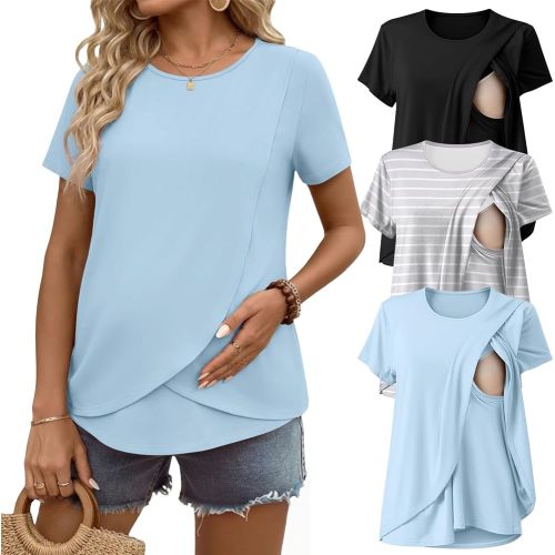 Ekouaer Nursing Shirts 3 Packs Short Sleeve Breastfeeding Tops Summer Maternity T Shirts Postpartum Double Layer Clothes