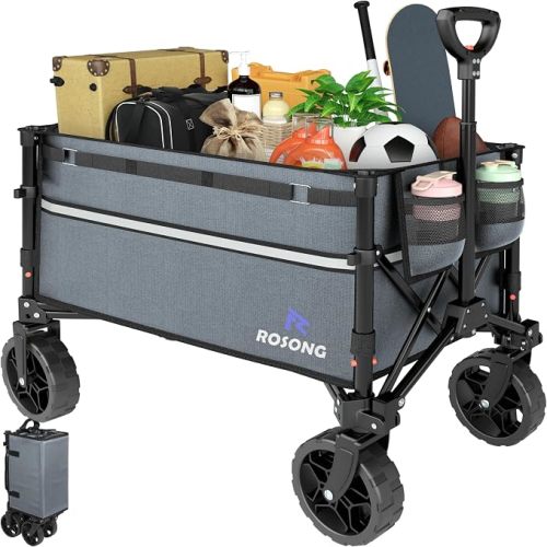 ROSONG Collapsible Wagon Cart with Wheels Foldable - Folding Utility Heavy Duty Wagons Carts for Grocery Sports Garden Shopping Camping Grey