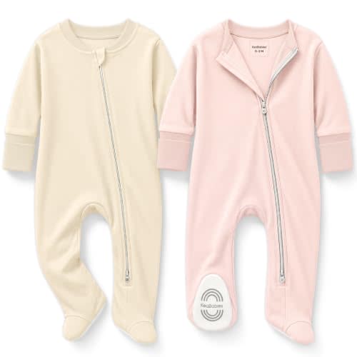 2pk Baby Pajamas Footie, Baby Sleepers, Newborn Pajamas (Cameo, 0-3M) | Organic Cotton Footed Baby Onesies with Mitten Cuffs, Double Zipper Jammies, Soft, Breathable, Unisex Sleep and Play PJS