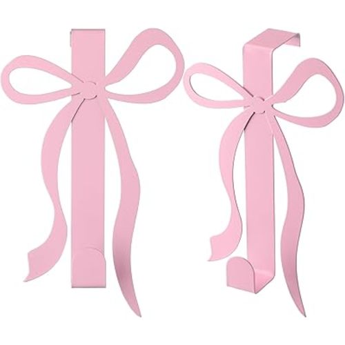 Chunful 2 Pack Bow Over The Door Hook, Metal Strong Door Hanger Hook Coquette Room Decor Bow Accessories for Cabinet Living Room Bathroom Bedroom Kitchen Hanging Clothes Towels Hats Coats Bags (Pink)