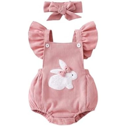 Newborn Baby Girl Clothes Summer Bunny Romper with Bow Headband Set Corduroy Ruffled Outfits