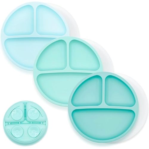 WeeSprout Suction Plates for Babies With Lids & Toddlers - 100% Silicone, Dinnerware Stays Put, Divided Design for Picky Eaters, Microwave & Dishwasher Friendly, 3 Pack