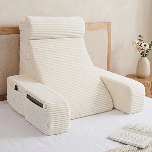 Vekkia 21" Reading Pillow for Bed Sitting Up, Back Support Pillow for Adult with Adjustable Back & Head, 5 Large Pockets, Integrated Arms, Washable Removable Cover, Ideal for Reading TV Relaxing