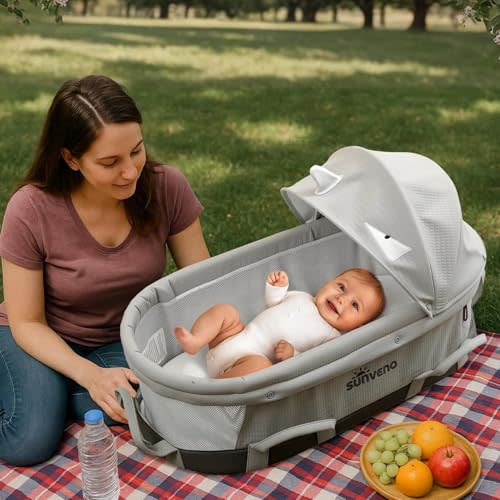 SUNVENO Handheld Portable Baby Bassinet with Removable Canopy, Foldable Travel Cradle, 6 Carry Handles, Breathable Mesh & Water-Resistant Base, Newborn Indoor/Outdoor Travel Bed