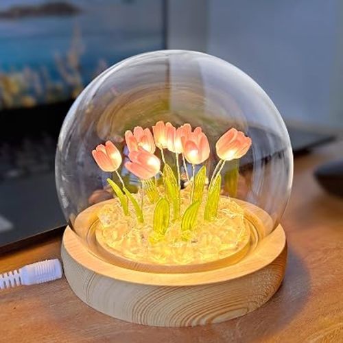 Kazgroth Flower Night Light, USB Tulip Table Lamp Glass Dome Wood Base