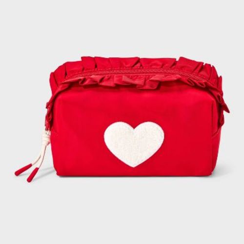 Girls' Ruffled Heart Patch Cosmetic Pouch - art class™ Red/White