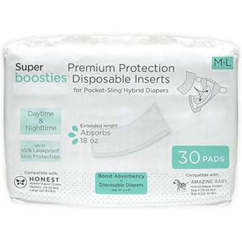 Overnight Diaper Leak Stopper, Super Boosties Disposable Inserts, Use with Pampers Sizes 4-6, Honest Hybrid Diaper Cover Sz Medium/Large, Amazing Baby Cover Sz 3/4, 4.3x13 in, 30 Count