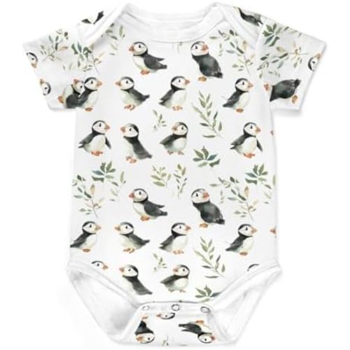 Watercolor Puffins Boho Leaves Baby Bodysuits Cute Bird Infant Outfits Flying Birds Animals Onesie