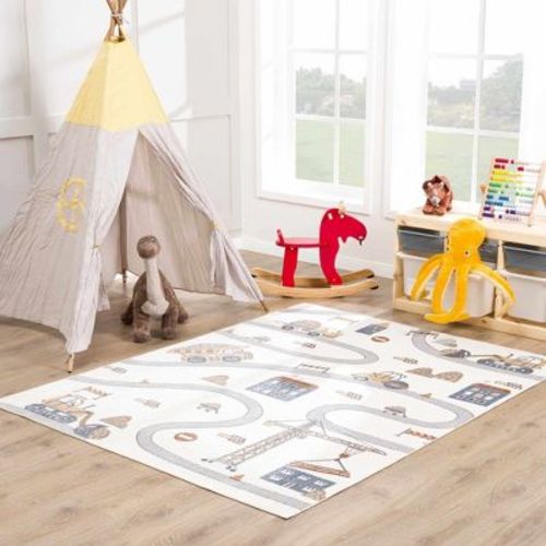 Hauteloom Ramsay Hallway, Kitchen Machine Washable Runner Rug - Kids & Novelty - Cream, Light Gray, Slate Blue - 2'7" x 7'3"