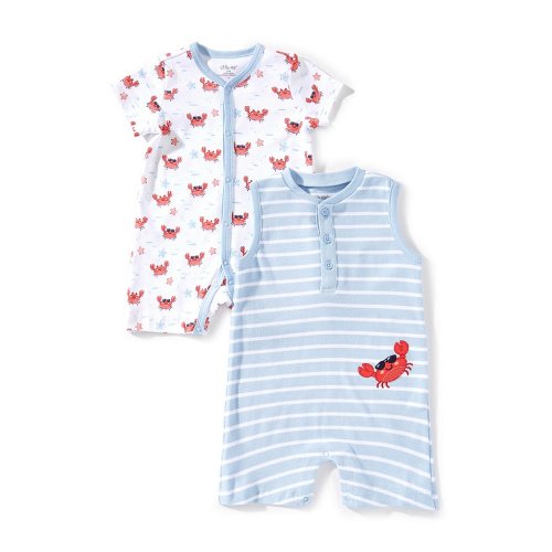 Little Me Baby Boys Short-Sleeve Crab-Printed Shortall & Sleeveless Striped Crab-Motif Shortall 2-Pack