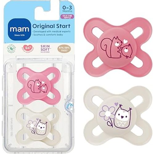 MAM Original Start Matte Baby Pacifiers, Binky for 0-3 Months, BPA-Free Silicone Nipple, Easy to Clean, Best for Newborn Babies, Developed with Medical Experts, 2 Count Binkies with Sterilizer Case