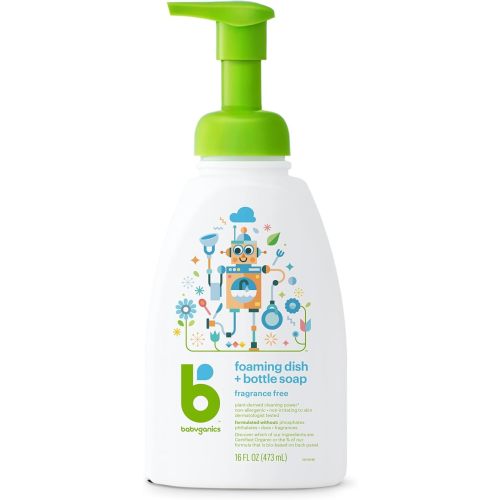 Babyganics Fragrance-Free Baby Dish Soap, Foaming, Non-Allergenic Baby Bottle Soap, 473 ml, Packaging May Vary