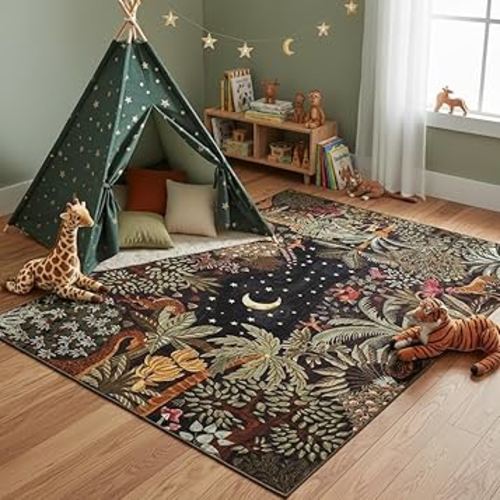 GarveeHome 4x6 Washable Area Rug for Kids Room, Jungle Animal Soft Bedroom Rug Non Slip Low Pile Brown Carpet Stain Resistant Throw Rug for Bedside Playroom Office Dining Room