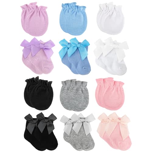 12 Pack Newborn Baby Mittens and Socks Set for 0-6 Months Baby Girls Boy,Bow Cotton Newborn Socks Mittens No Scratch Infant Gloves Newborn Baby Essentials