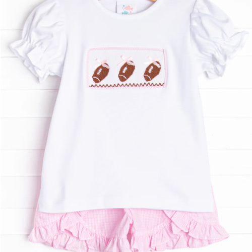 Fall Football Smocked Ruffle Short Set, Pink – Stitchy Fish