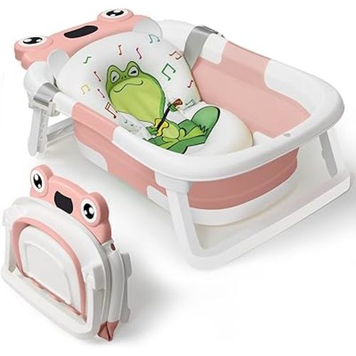 DEANIC Baby Bathtub Collapsible for Newborn Bath, Portable Infant Bathtub with Soft Baby Bath Support Cushion for 0-6-12 Month Newborns, Foldable Baby Bath tub for Indoor, Travel (Pink)