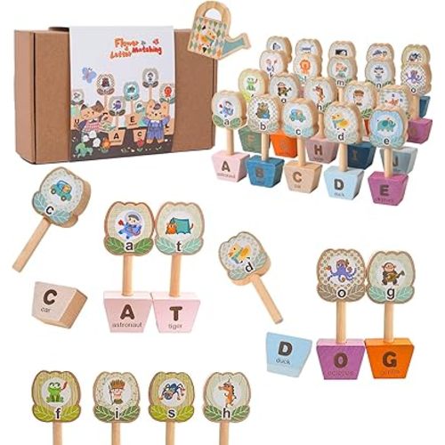 Montessori ABC Learning Toys for Kids, Wooden Matching Games for Toddlers 3-5 - Letter & Flower Matching Alphabet Puzzles with Storage Bag, Fine Motor Skills Toys Gift for Girls Boys 3+ Years Old