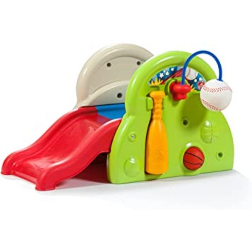 Step2 Sports-Tastic Climber – 3-In-1 Sports Activity Center Indoor/Outdoor Playset – Toddler Climber with Kids Slide, Basketball Hoop, Soccer Goal, & Tethered Baseball, Multicolor