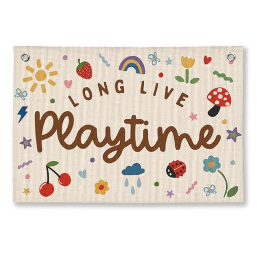 Playroom Kids Wall Decor Long Live Playtime Whimsical Classroom | Kids toddler boy girls playroom decor hanging linen banner, toddler room wall decor for kids nursery, 20x30 Inch