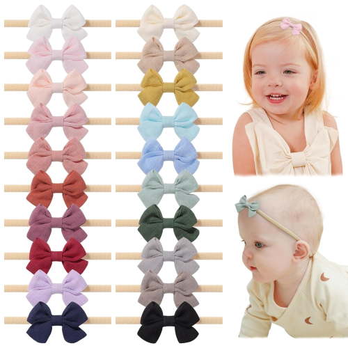 BPPEG 20Pcs Baby Girl Bow Headbands Newborn Nylon Hairband 2" Neutral Linen Infant Hair Bows, Soft Baby Girl Bows