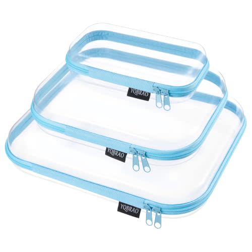 YQBRAO Clear Hard Shell Organizer Cases, 3-Pack, Blue | Large, medium & small rigid PET organizers for travel, tech accessories, beauty products and everyday storage