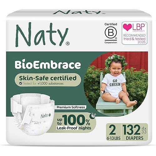 Naty BioEmbrace Baby Newborn Diapers | Sensitive Skin Safe Certified | Leak Protection up to 100% | Plant-Based Teddy Softness, Premium Comfort | Chlorine-Free | Size 2 (6–13 lbs), 132 Count