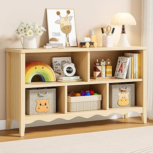 ONBRILL Montessori Shelf, 5 Cube Toy Storage Organizer with Wave Design, Safe Wooden Kid Toy Organizer Cabinet, Kids Bookshelf & Bookcase for Nursery Kids Room Playroom Bedroom Living Room Nursery
