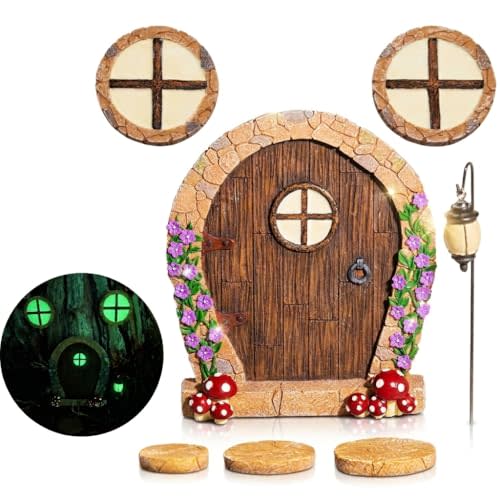 Fairy Door for Wall and Trees Outdoor with Light, Glow in The Dark, Gnome Desk Art Sculpture Decoration for Classroom, Kids Room, Miniature Fairy Garden Outside Decor Accessories