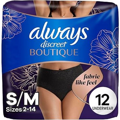 Always Discreet Boutique Incontinence and Postpartum Underwear for Women, Maximum Protection, Small/Medium, Black, 12 Count