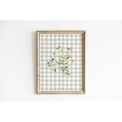 Wildflower Nursery Wall Art Sage Green Checkered Print Baby Girl Room Decor Botanical Art Floral Print Nature-Inspired Nursery Art STF8-A1