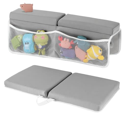 Baby Bath Kneeler and Elbow Rest Pad Set, 1.5 Inch Thick Memory Foam Soft Bath Kneeler with Bath Toys Organizer, Non-Slip, Quick-Dry, Foldable Kneeling Mat, Ideal Gift for Parents, Gray