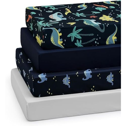 PHF 4 Pack Soft Dinosaur Crib Sheets Fitted, Comfy Breathable Baby Sheets for Boys Girls, 28x52 Inches Fits Standard Crib and Toddler Mattresses, Dinosaur