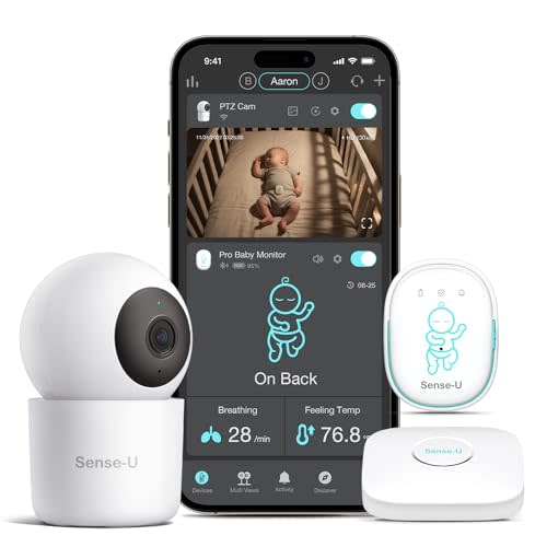 Sense-U Pro Baby Breathing Movement Monitor with 2.5K PTZ Camera: Track Breathing with Gentle Vibration, Sleep Position, Temperature Notifications, 2.5K Video, Background Audio, No Monthly Fee