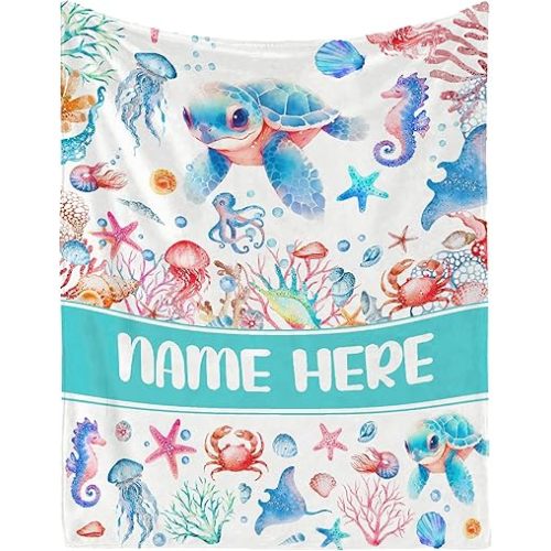 Custom Baby Name Sea Turtles Blanket Gift for Girls Boys - Super Soft Flannel Blanket Comfy Cozy Throw Blanket Decor Room Birthday Christmas Sofa Couch-30 x40