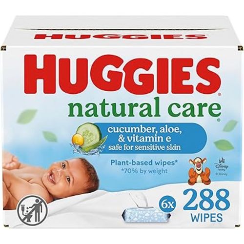 Huggies Natural Care Cucumber, Aloe and Vitamin E Baby Wipes, Hypoallergenic, Scented, 6 Flip-Top Packs (288 Wipes Total), Packaging May Vary