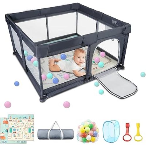 Baby Playpen with Mat, 79”×71” Playpen, Durable and Secure Baby Play Pen, Indoor & Outdoor Kids Activity Play Center. Equipped with Anti-Slip Suckers and a Zipper Gate, Anti-Fall（Grey）