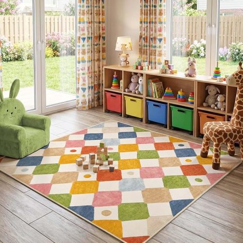 jinchan Macy Area Rug for Kids Room 5'x5' Square Rug Modern Colorful Checkered Diamond Nursery Rug Indoor Washable Soft Non Slip Carpet for Playroom Bedroom Dorm Daycare Circus on Cream