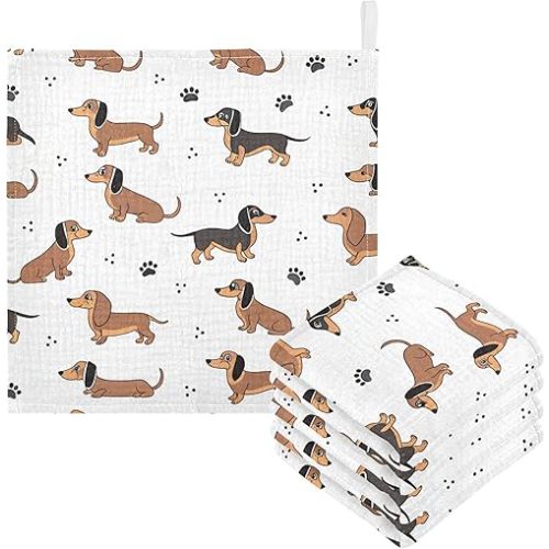 Burbuja Cute Dogs Dachshunds Baby Washcloths - Muslin Cotton Soft Absorbent Baby Towel for Newborn Baby Sensitive Skin - Baby Essential Item, 12x12 in, 5 Pack