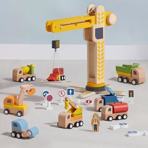Interactive Wooden Construction Toy Crane, Rotating Base, Lifting Hook, with Vehicles, Excavator, Cement Mixer and Road Signs, 18-Piece Set for Toddlers 3-6, 8, Non-Toxic Wood, Parent-Designed