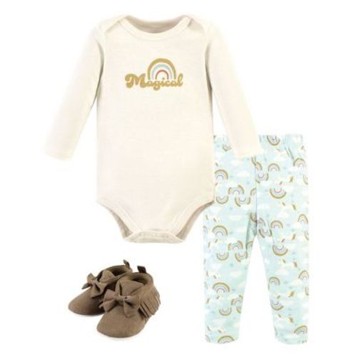 Hudson Baby Infant Girl Cotton Bodysuit, Pant and Shoe Set, Magical Rainbow Long Sleeve, 3-6 Months