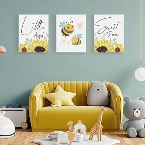 YISMEET Nursery Wall Art Decor Set of 3, Sunflower and Bee Theme Wall Art Prints, Cute Animal Canvas Wall Decor for Baby Girl Nursery Bedroom Decoration, 12x16 Inch Baby Room Artwork