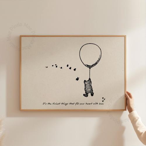 Framed Vintage Nursery Print: Bear with Balloon, Neutral Kids Decor