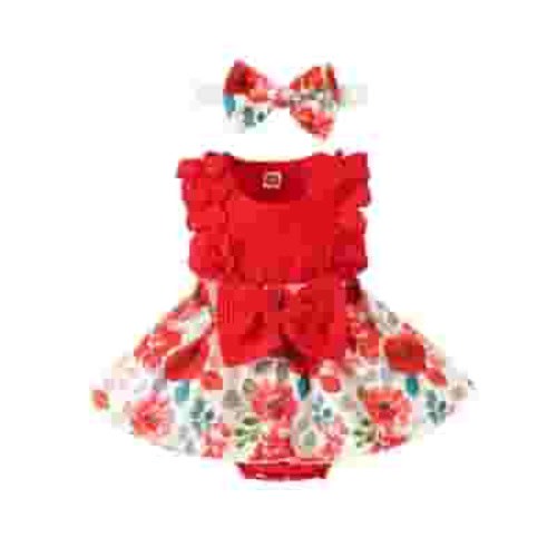 6-9 Months Baby Girl Clothes Newborn Romper Dress Infant Ruffle Sleeveless Summer Outfits with Headband Girls' Round Neck Sleeveless Stripe Lace Patchwork Flower Print Jumpsuit Red