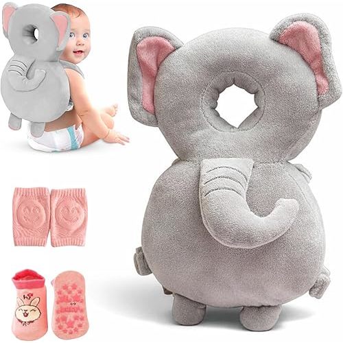 Baby Head Protector Backpack – Toddler Safety Cushion for Crawling & Walking – Infant Fall Protection Pillow with Adjustable Straps – Comes with Knee Pads & Non-Slip Baby Socks (Elephant)