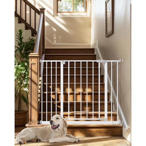 InnoTruth Baby Gate for Stairs 28.9-42.1" Wide, 30" Tall Easy Step Walk Through Expandable Dual Lock Dog Gates for The House, Metal Pressure Mounted Easy Install Pet Gate for Dogs, White