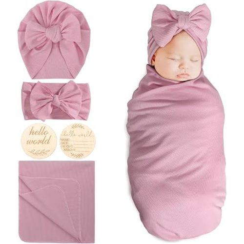 DRESHOW BQUBO Baby Girl Newborn Receiving Blankets with Bow Hat Headband Wooden Birth Announcement Card Set Newborn Baby Swaddle Wrap Set Warm Shower Gift