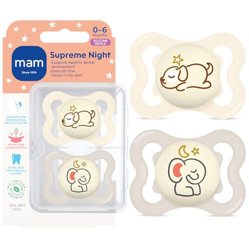 MAM Supreme Baby Pacifier, Newborns 0-6 Months, Developed with Orthodontists, Extra Air Flow for Sensitive Skin, Glows in The Dark, BPA-Free Silicone, Sterilizer Case, Pack of 2, Made in Europe