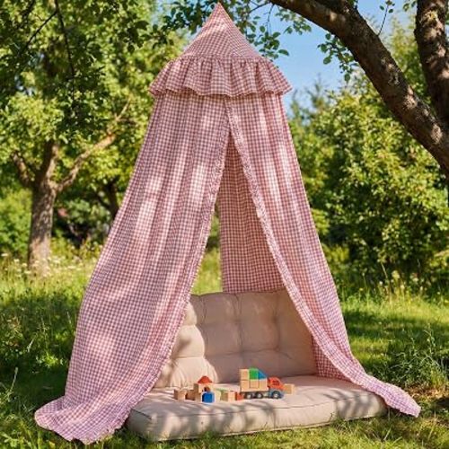 SmoothNovelty Gingham Plaid Bed Canopy, Pink White, Round