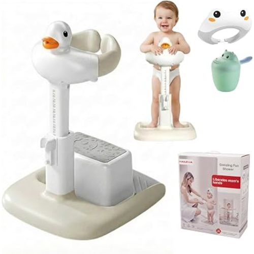 Baby Bath Stand with Built-in Seat - Duck Design - Anti-Slip Base - Baby Shower Stand for Sitting or Standing (White Beige)